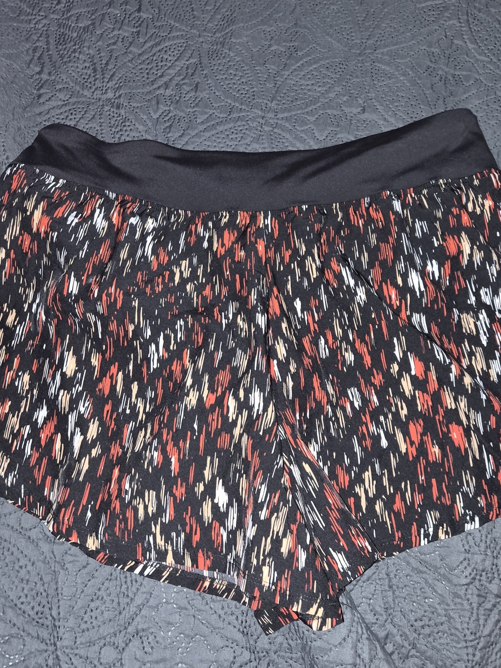 Women’s Black Printed Stretch Shorts with Red and Cream Accents